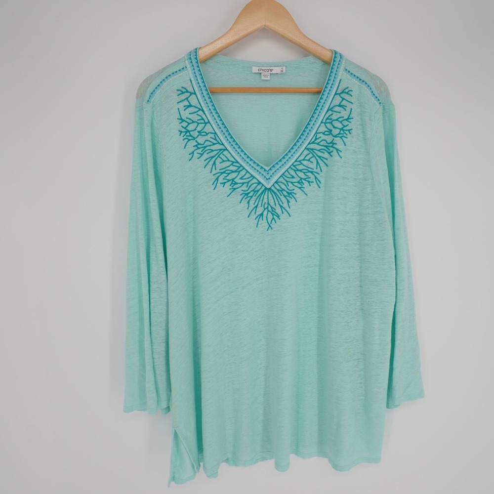 Chicos Linen Embroidered Tunic Top Womens XXL  (4) Green Beachy Coastal Stretch - Picture 9 of 11